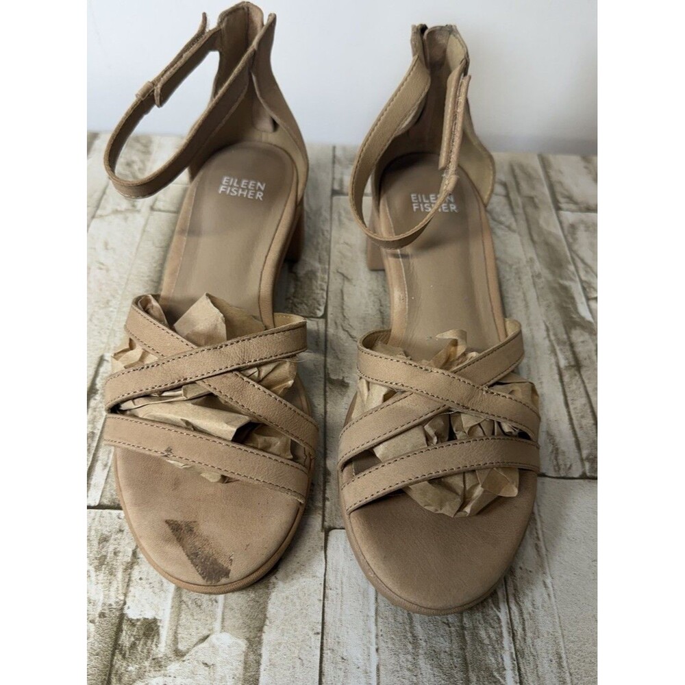 Eileen Fisher Noni Sandal Tumbled Nubuck Leather Beige Tan Women's Sz 7.5